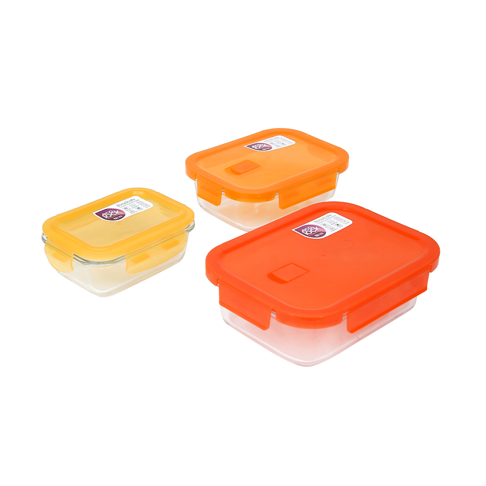 Ecolock Borosilicate Glass Food Storage Container Rectangle Set 3pcs - Apricot Orange