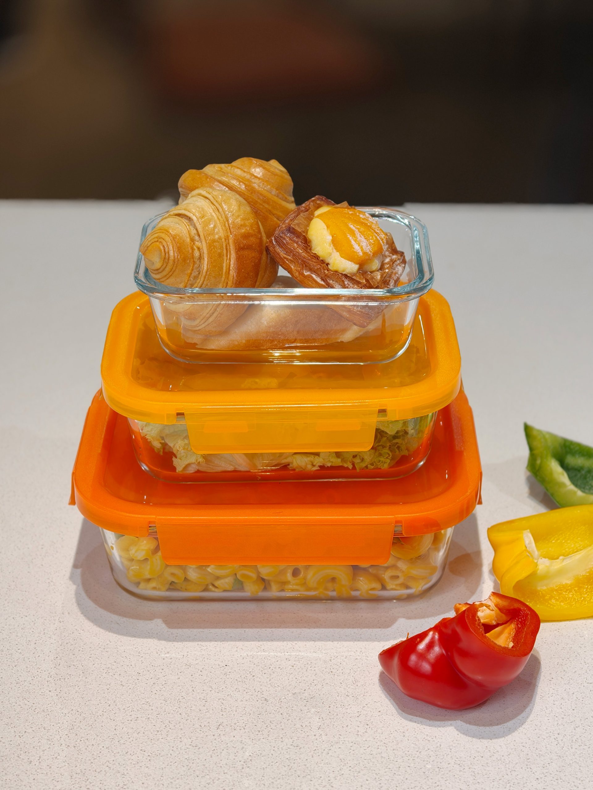 Ecolock Borosilicate Glass Food Storage Container Rectangle Set 3pcs - Apricot Orange